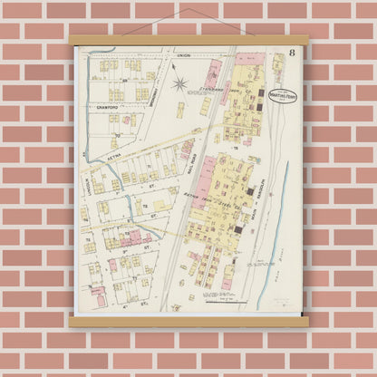Old map wall art mockup — magnetic wood frame on brick wall — Sanborn Fire Insurance Map from Martins Ferry, Belmont County, Ohio (1890), Sheet #0008