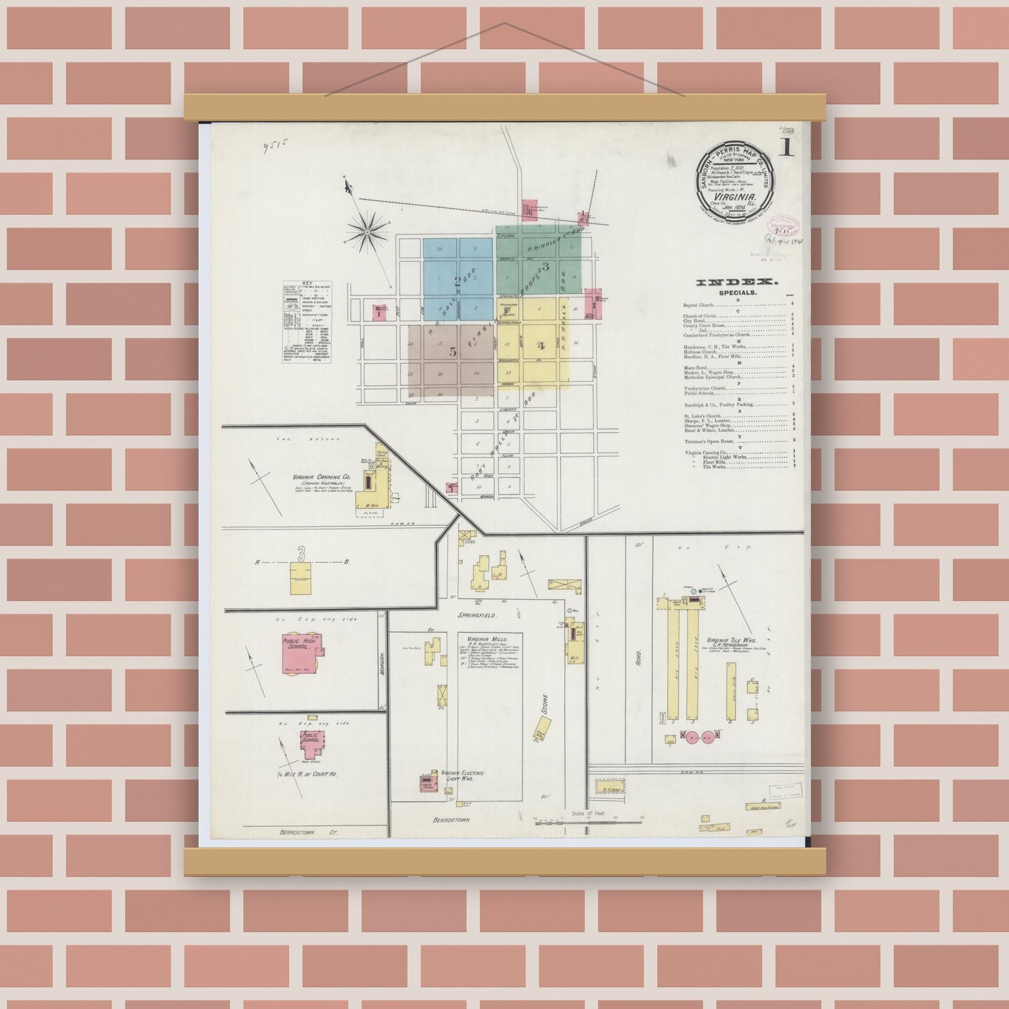 Old map wall art mockup — magnetic wood frame on brick wall — Sanborn Fire Insurance Map from Virginia, Cass County, Illinois (1894), Sheet #0001