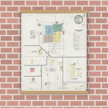 Old map wall art mockup — magnetic wood frame on brick wall — Sanborn Fire Insurance Map from Virginia, Cass County, Illinois (1894), Sheet #0001
