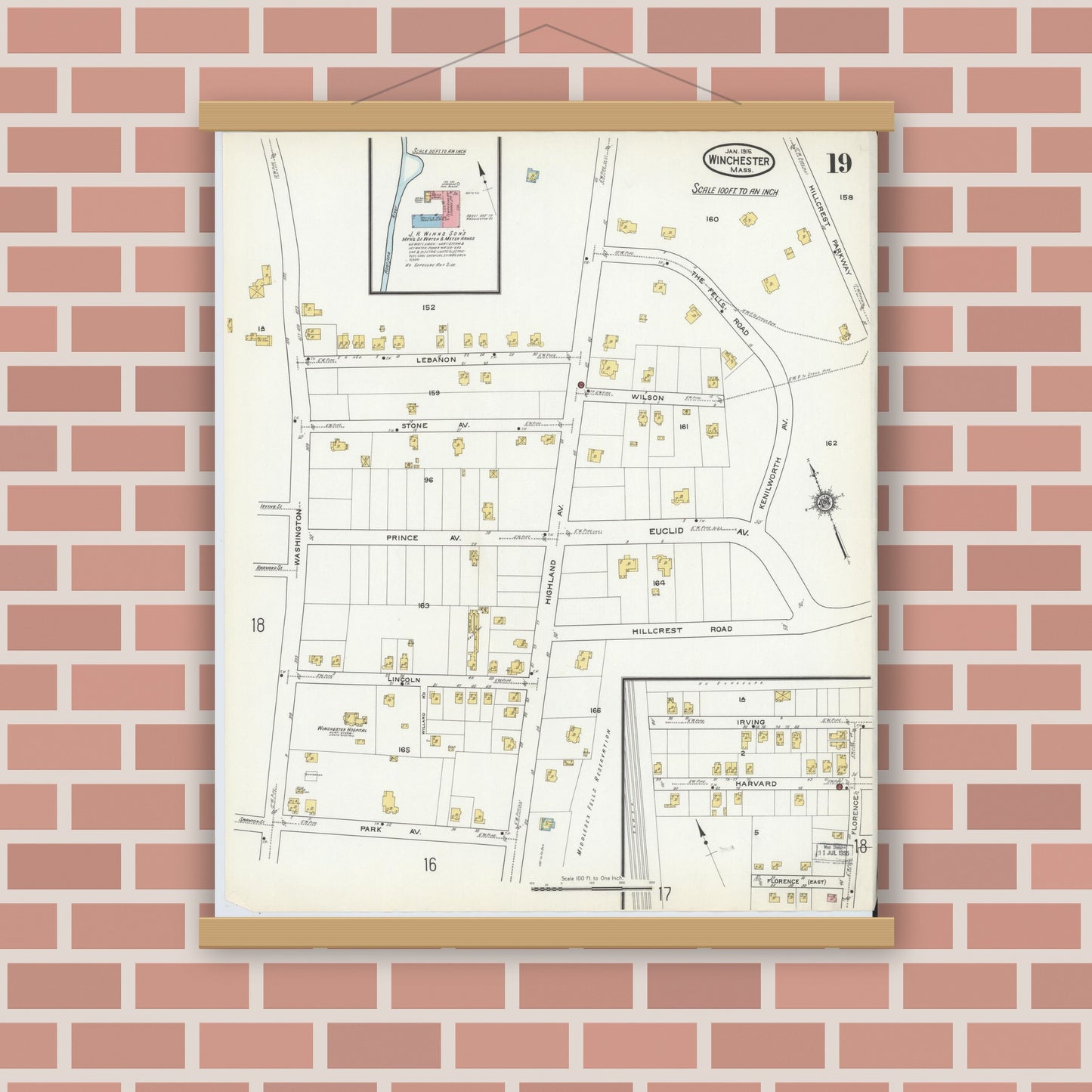 Old map wall art mockup — magnetic wood frame on brick wall — Sanborn Fire Insurance Map from Winchester, Middlesex County, Massachusetts (1916), Sheet #0019