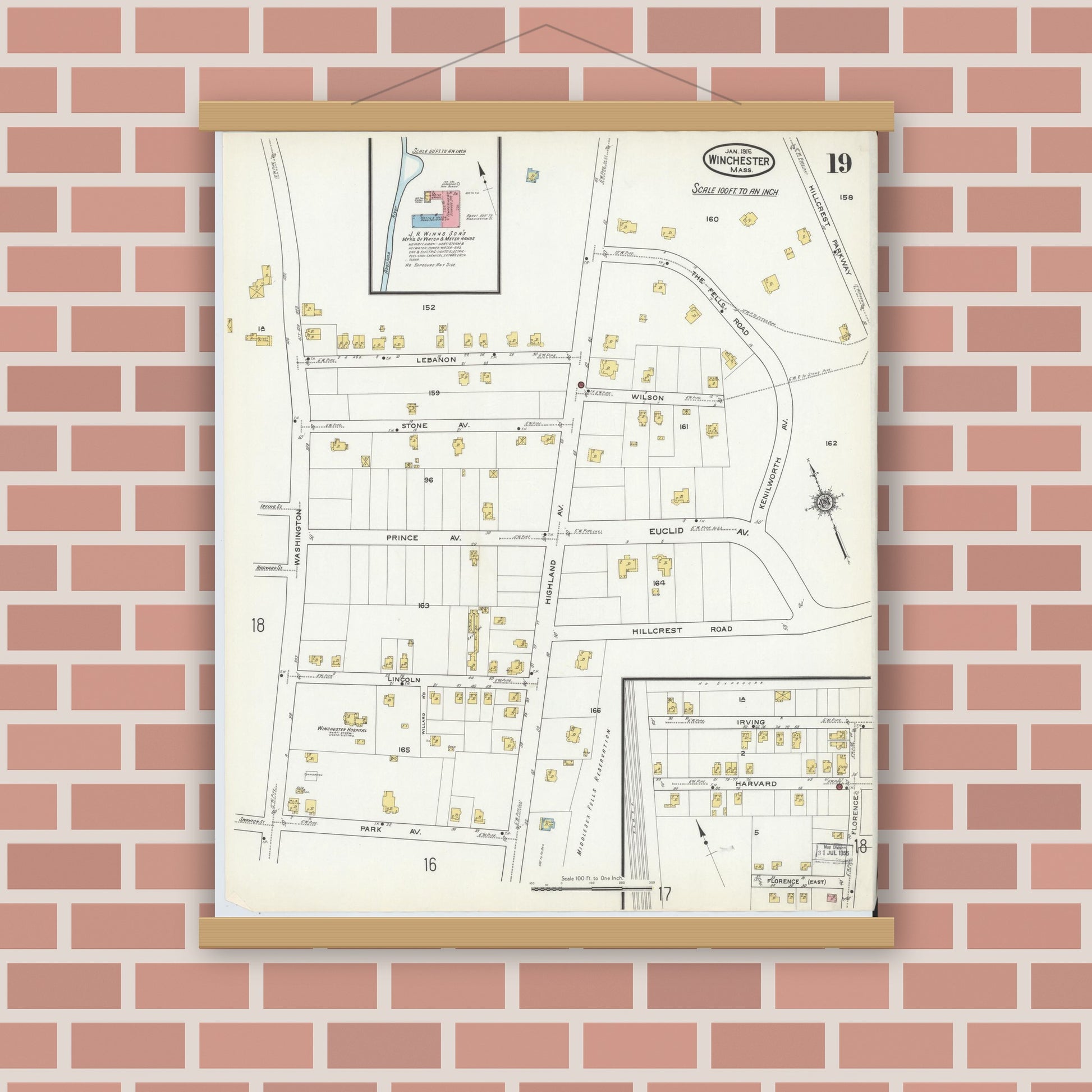Old map wall art mockup — magnetic wood frame on brick wall — Sanborn Fire Insurance Map from Winchester, Middlesex County, Massachusetts (1916), Sheet #0019