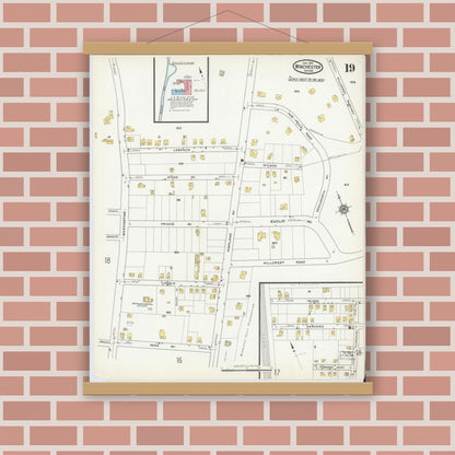 Old map wall art mockup — magnetic wood frame on brick wall — Sanborn Fire Insurance Map from Winchester, Middlesex County, Massachusetts (1916), Sheet #0019