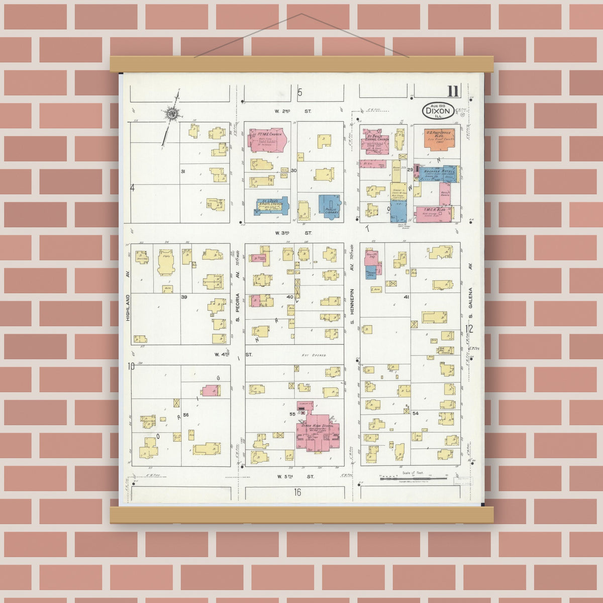 Old map wall art mockup — magnetic wood frame on brick wall — Sanborn Fire Insurance Map from Dixon, Lee County, Illinois (1918), Sheet #0011