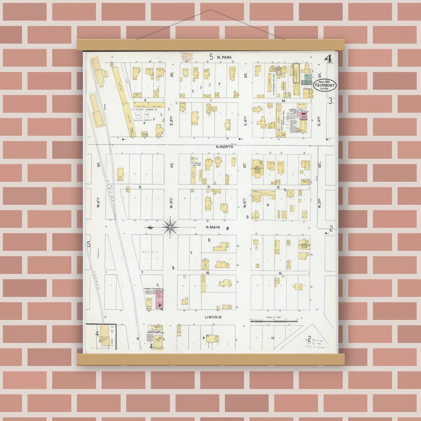 Old map wall art mockup — magnetic wood frame on brick wall — Sanborn Fire Insurance Map from Fairmont, Martin County, Minnesota (1905), Sheet #0004