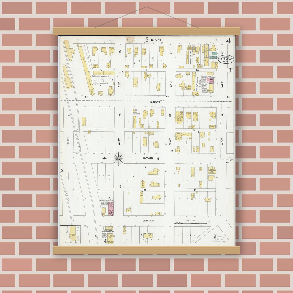 Old map wall art mockup — magnetic wood frame on brick wall — Sanborn Fire Insurance Map from Fairmont, Martin County, Minnesota (1905), Sheet #0004