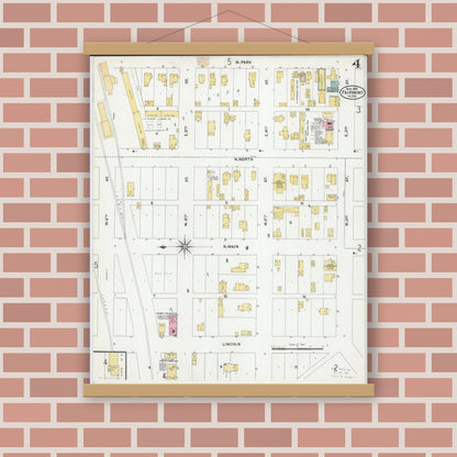 Old map wall art mockup — magnetic wood frame on brick wall — Sanborn Fire Insurance Map from Fairmont, Martin County, Minnesota (1905), Sheet #0004