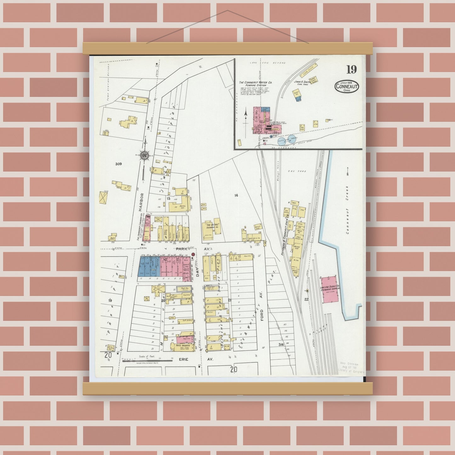 Old map wall art mockup — magnetic wood frame on brick wall — Sanborn Fire Insurance Map from Conneaut, Ashtabula County, Ohio (1919), Sheet #0019