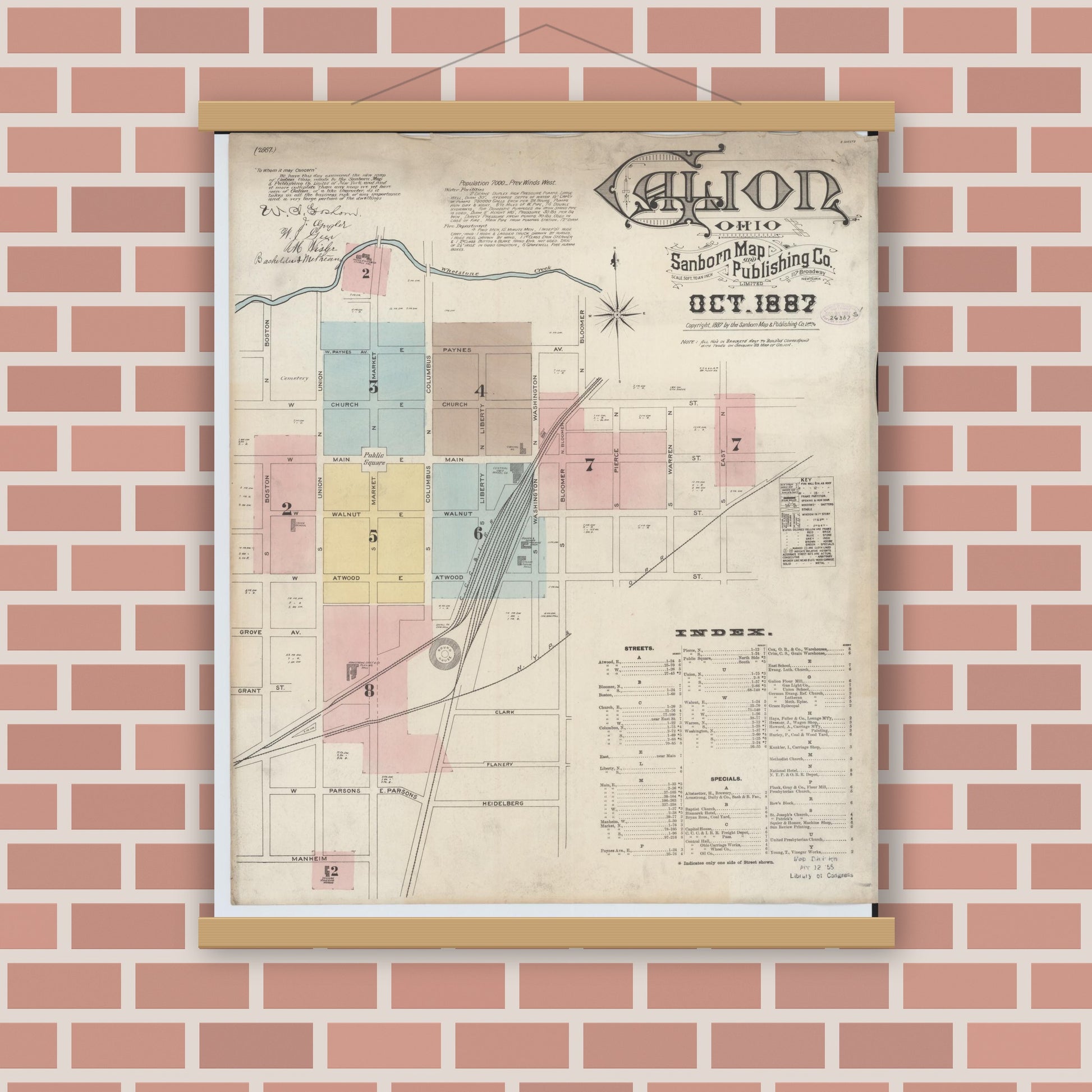Old map wall art mockup — magnetic wood frame on brick wall — Sanborn Fire Insurance Map from Galion, Crawford County, Ohio (1887) - Complete Map Set