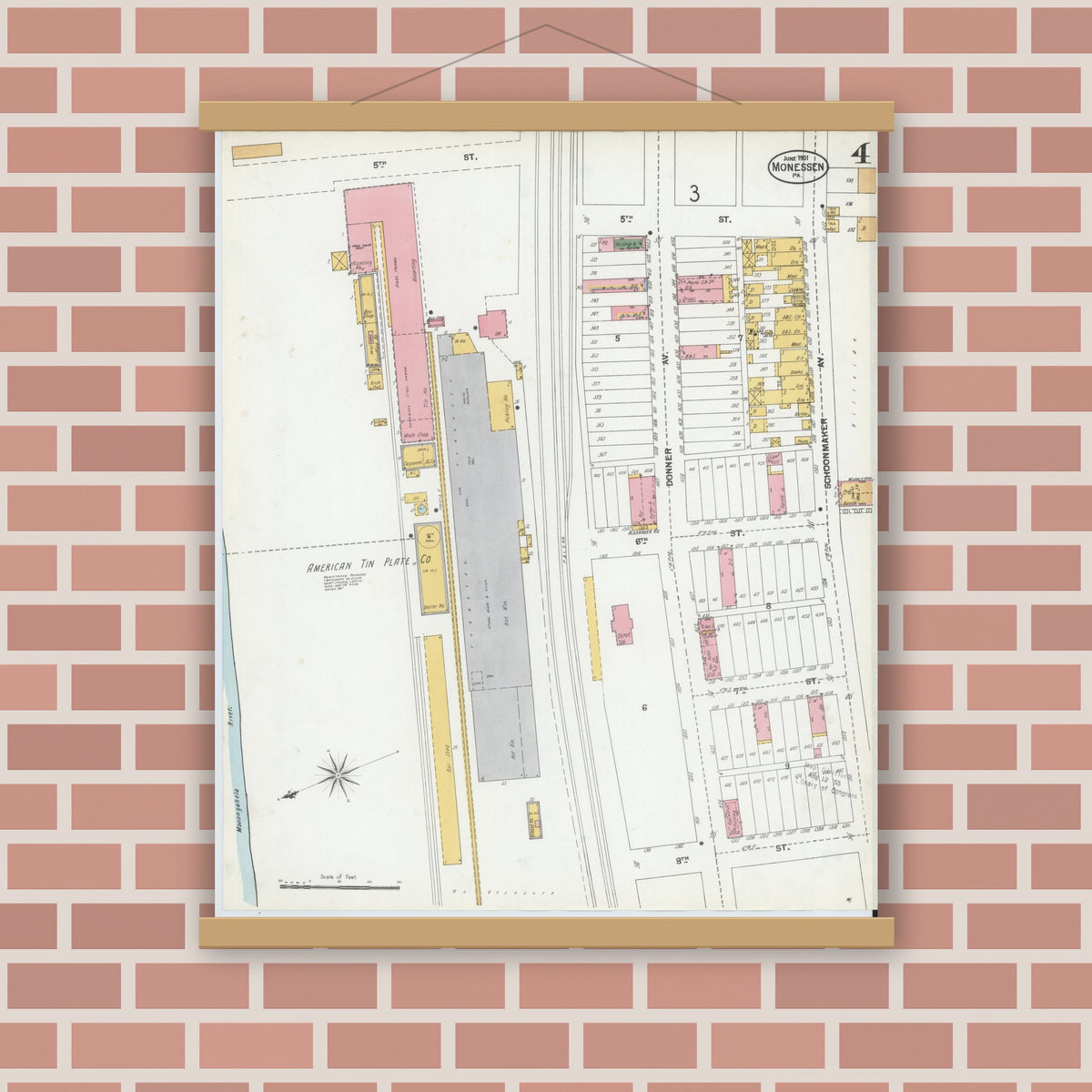 Old map wall art mockup — magnetic wood frame on brick wall — Sanborn Fire Insurance Map from Monessen, Westmoreland County, Pennsylvania (1901), Sheet #0004