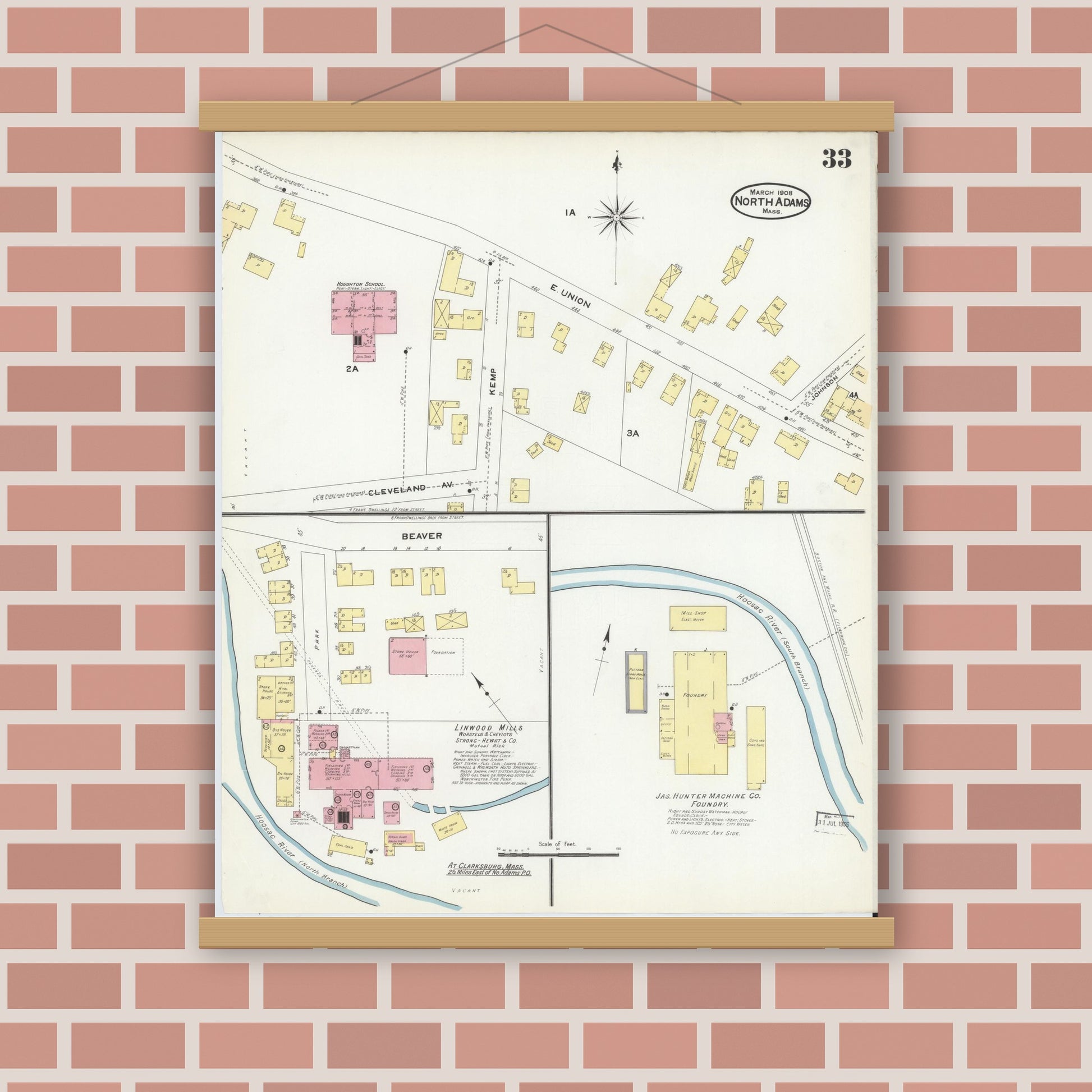 Old map wall art mockup — magnetic wood frame on brick wall — Sanborn Fire Insurance Map from North Adams, Berkshire County, Massachusetts (1908), Sheet #0033