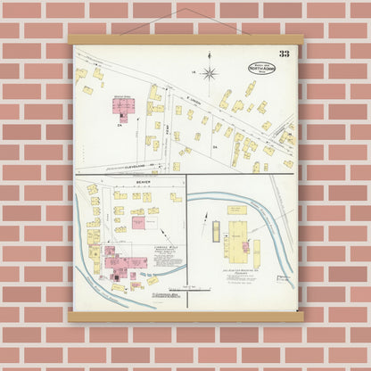 Old map wall art mockup — magnetic wood frame on brick wall — Sanborn Fire Insurance Map from North Adams, Berkshire County, Massachusetts (1908), Sheet #0033