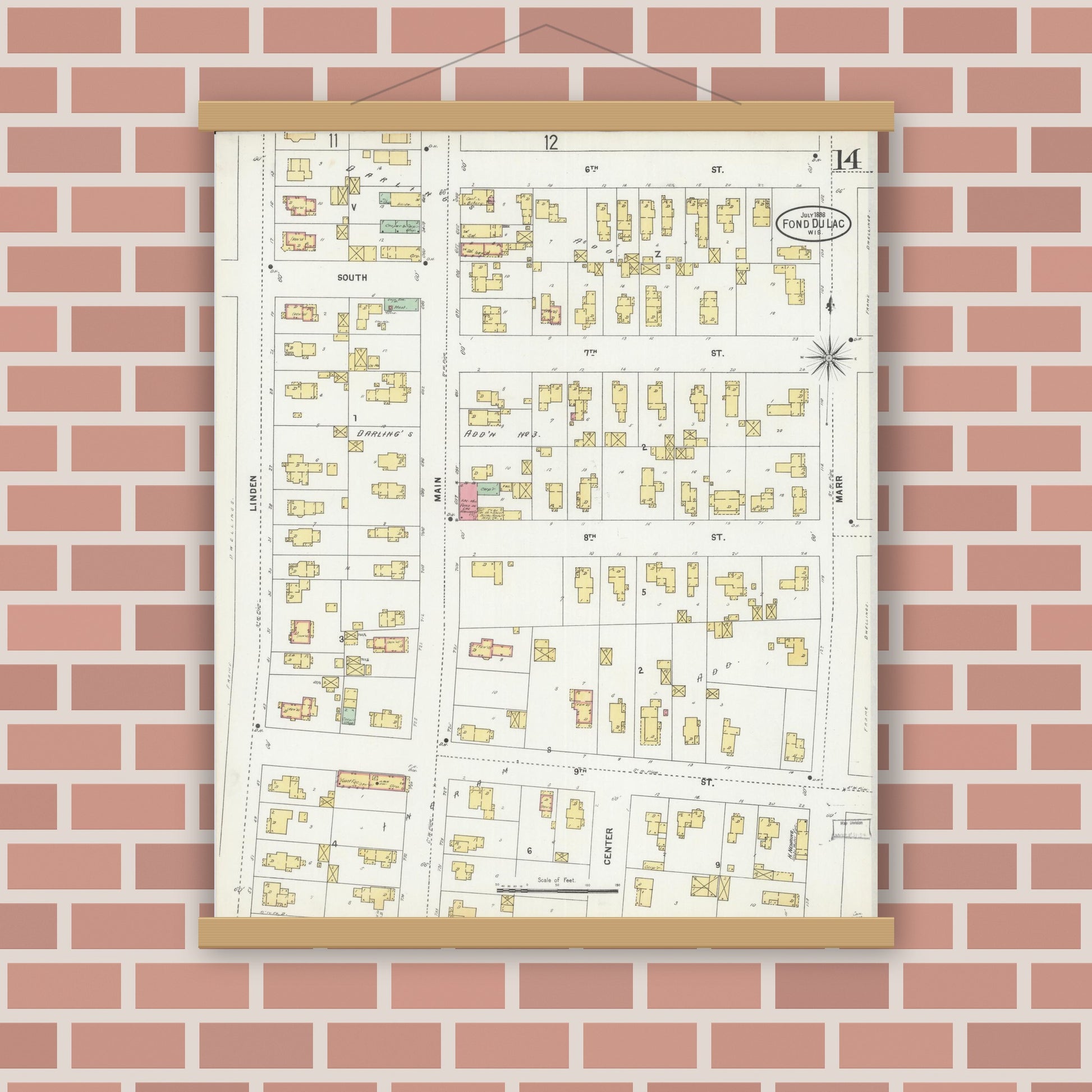 Old map wall art mockup — magnetic wood frame on brick wall — Sanborn Fire Insurance Map from Fond du Lac, Fond du Lac County, Wisconsin (1898), Sheet #0014