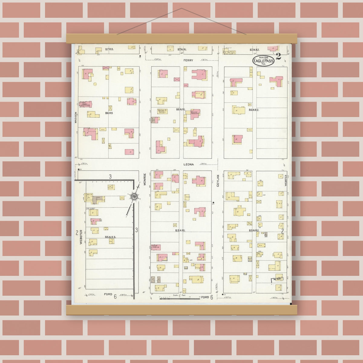 Old map wall art mockup — magnetic wood frame on brick wall — Sanborn Fire Insurance Map from Eagle Pass, Maverick County, Texas (1916), Sheet #0002