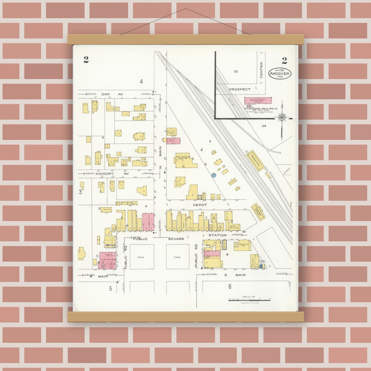 Old map wall art mockup — magnetic wood frame on brick wall — Sanborn Fire Insurance Map from Andover, Ashtabula County, Ohio (1926), Sheet #0002