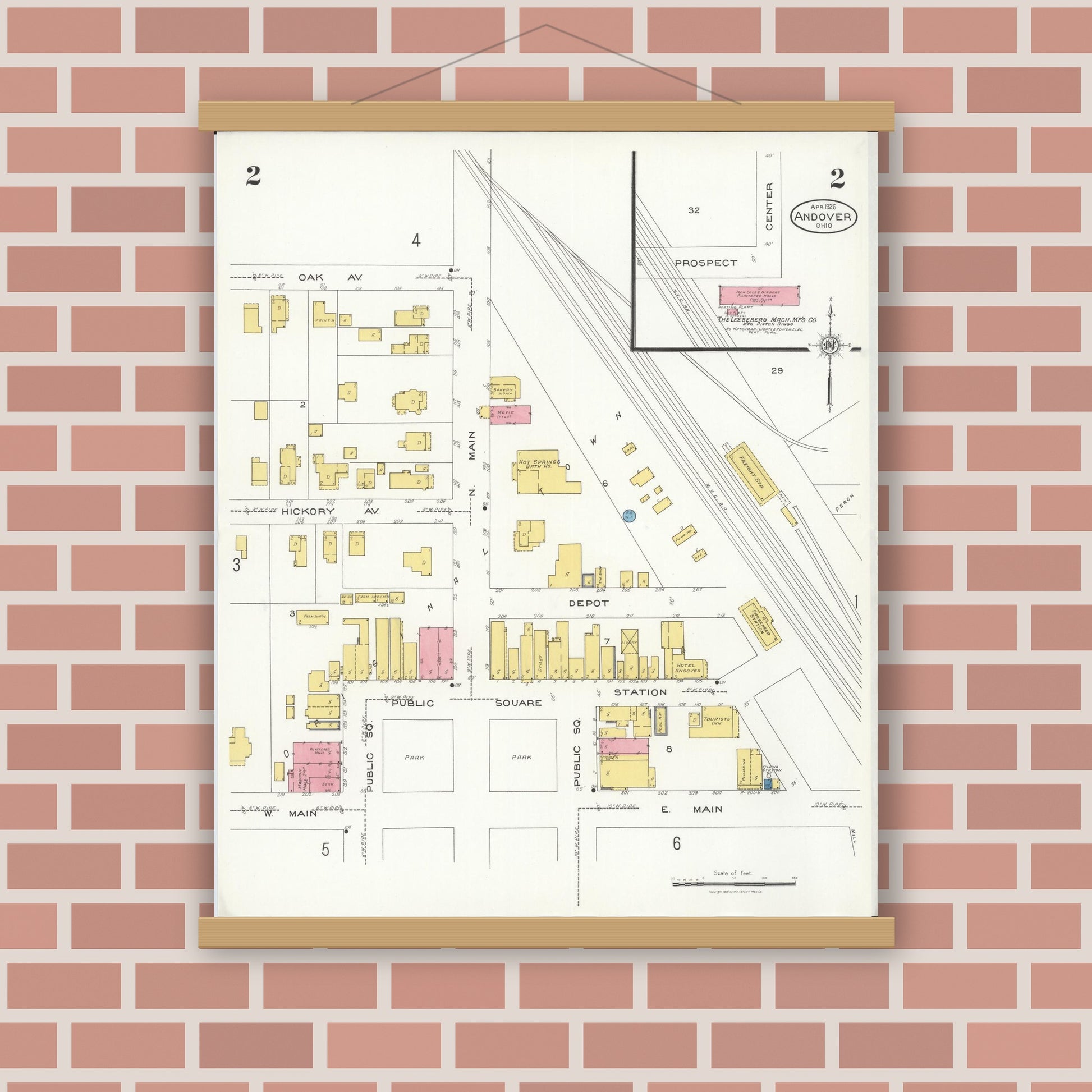 Old map wall art mockup — magnetic wood frame on brick wall — Sanborn Fire Insurance Map from Andover, Ashtabula County, Ohio (1926), Sheet #0002