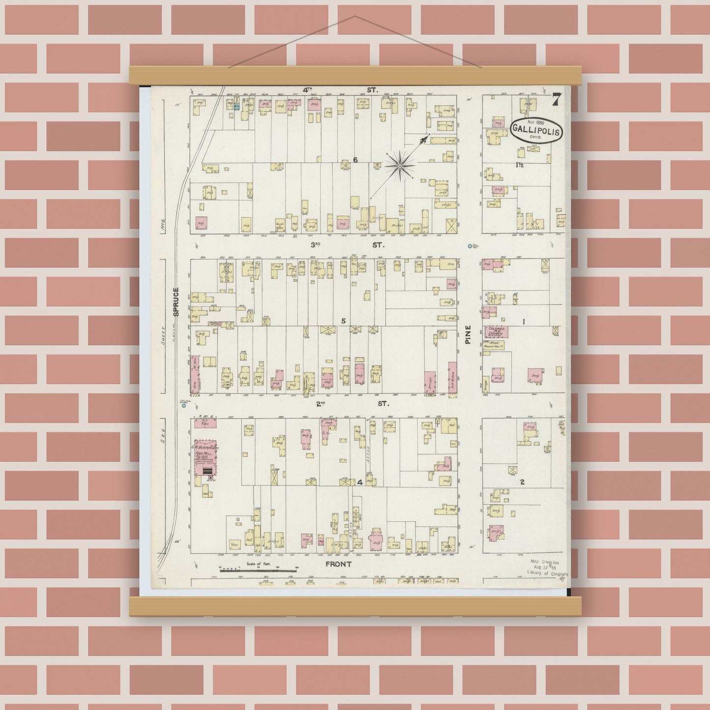 Old map wall art mockup — magnetic wood frame on brick wall — Sanborn Fire Insurance Map from Gallipolis, Gallia County, Ohio (1890), Sheet #0007