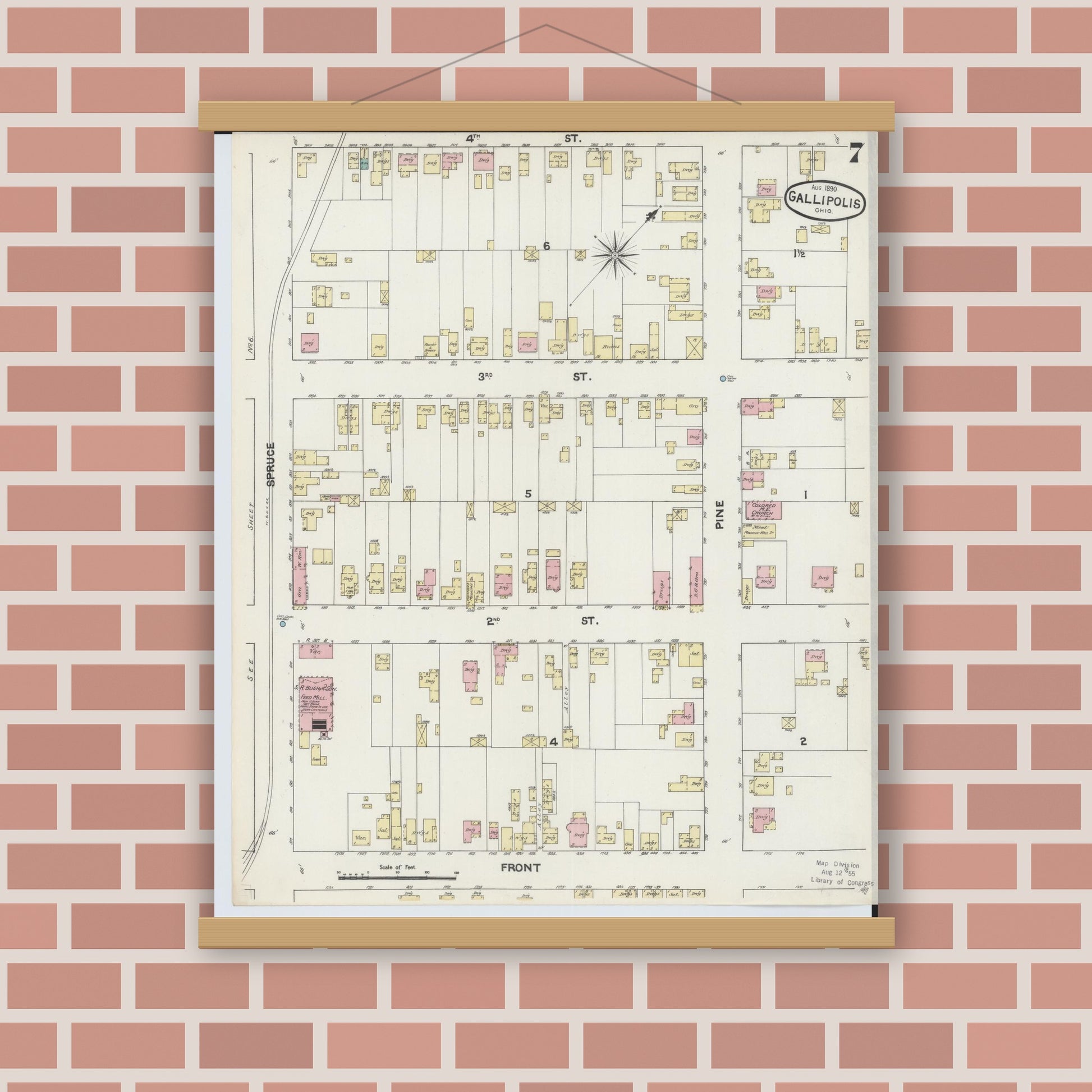 Old map wall art mockup — magnetic wood frame on brick wall — Sanborn Fire Insurance Map from Gallipolis, Gallia County, Ohio (1890), Sheet #0007