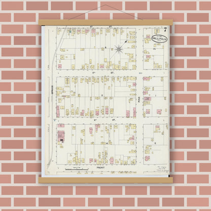 Old map wall art mockup — magnetic wood frame on brick wall — Sanborn Fire Insurance Map from Gallipolis, Gallia County, Ohio (1890), Sheet #0007
