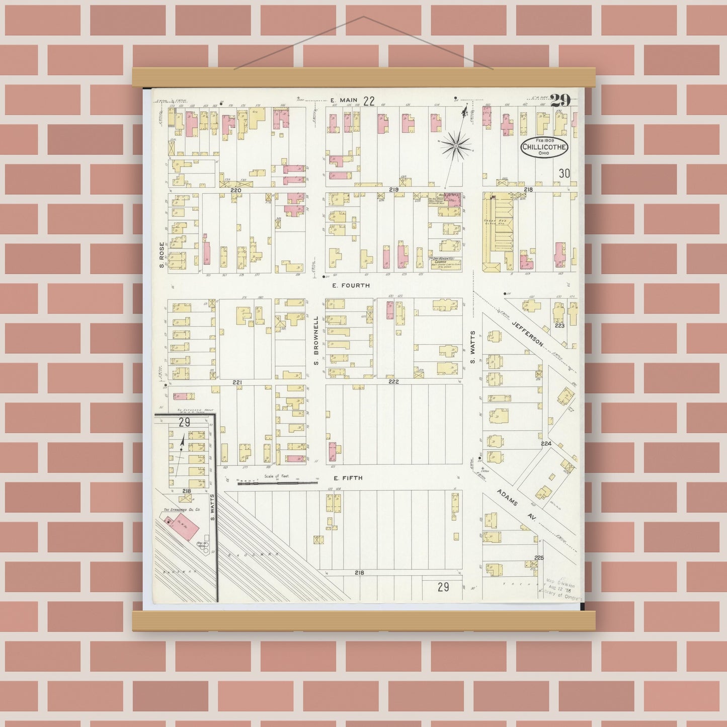Old map wall art mockup — magnetic wood frame on brick wall — Sanborn Fire Insurance Map from Chillicothe, Ross County, Ohio (1909), Sheet #0029