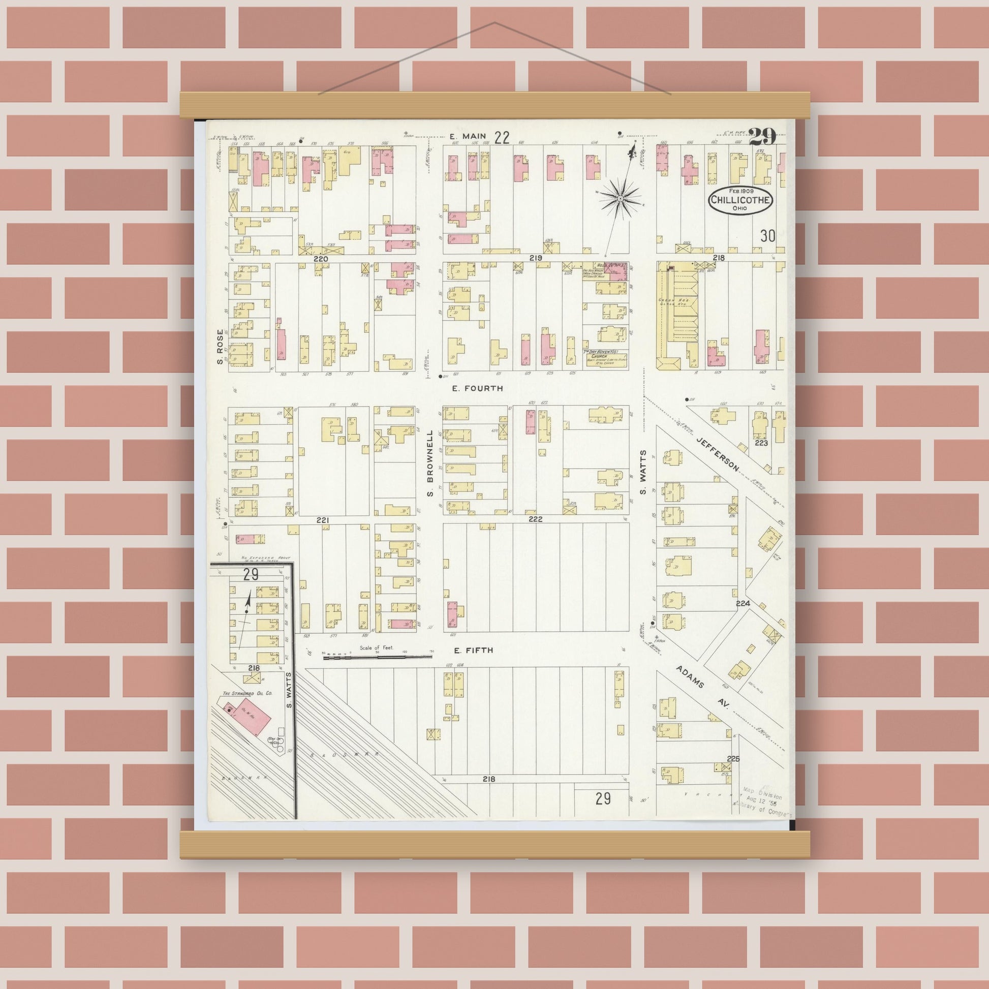 Old map wall art mockup — magnetic wood frame on brick wall — Sanborn Fire Insurance Map from Chillicothe, Ross County, Ohio (1909), Sheet #0029