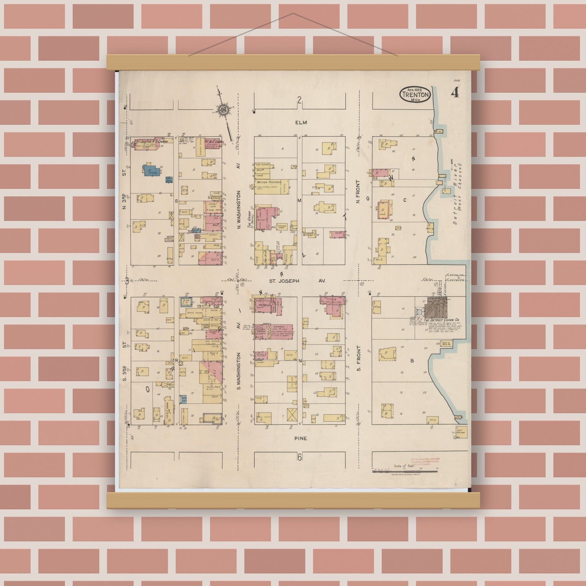 Old map wall art mockup — magnetic wood frame on brick wall — Sanborn Fire Insurance Map from Trenton, Wayne County, Michigan (1922), Sheet #0004