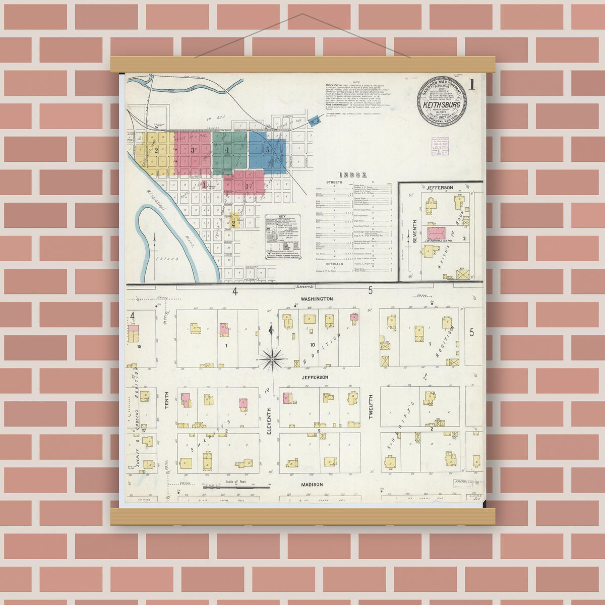 Old map wall art mockup — magnetic wood frame on brick wall — Sanborn Fire Insurance Map from Keithsburg, Mercer County, Illinois (1907) - Complete Map Set
