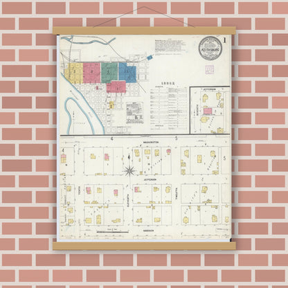 Old map wall art mockup — magnetic wood frame on brick wall — Sanborn Fire Insurance Map from Keithsburg, Mercer County, Illinois (1907) - Complete Map Set