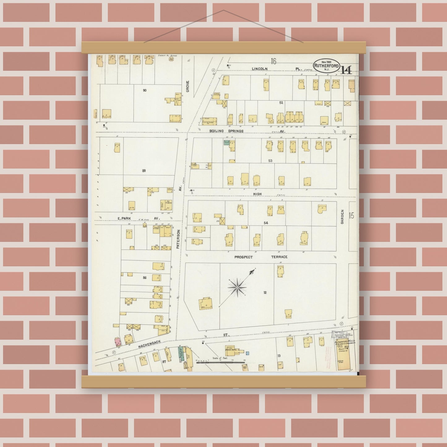 Old map wall art mockup — magnetic wood frame on brick wall — Sanborn Fire Insurance Map from Rutherford, Bergen County, New Jersey (1902), Sheet #0014
