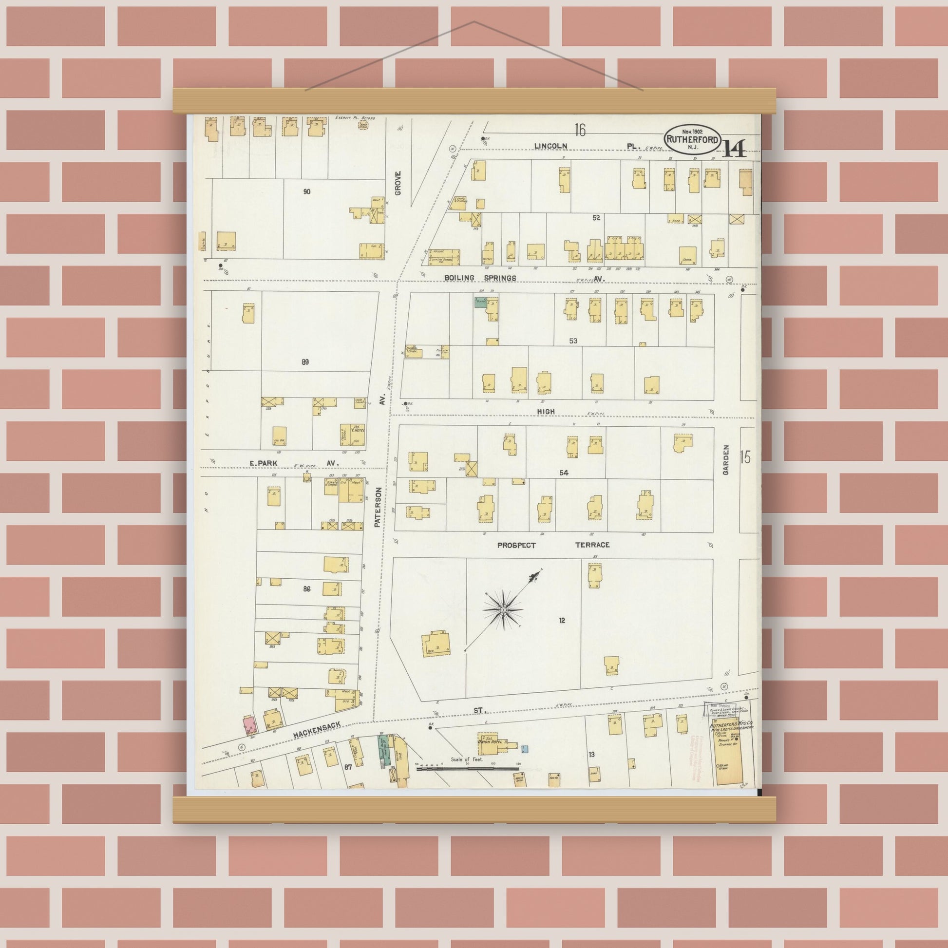 Old map wall art mockup — magnetic wood frame on brick wall — Sanborn Fire Insurance Map from Rutherford, Bergen County, New Jersey (1902), Sheet #0014