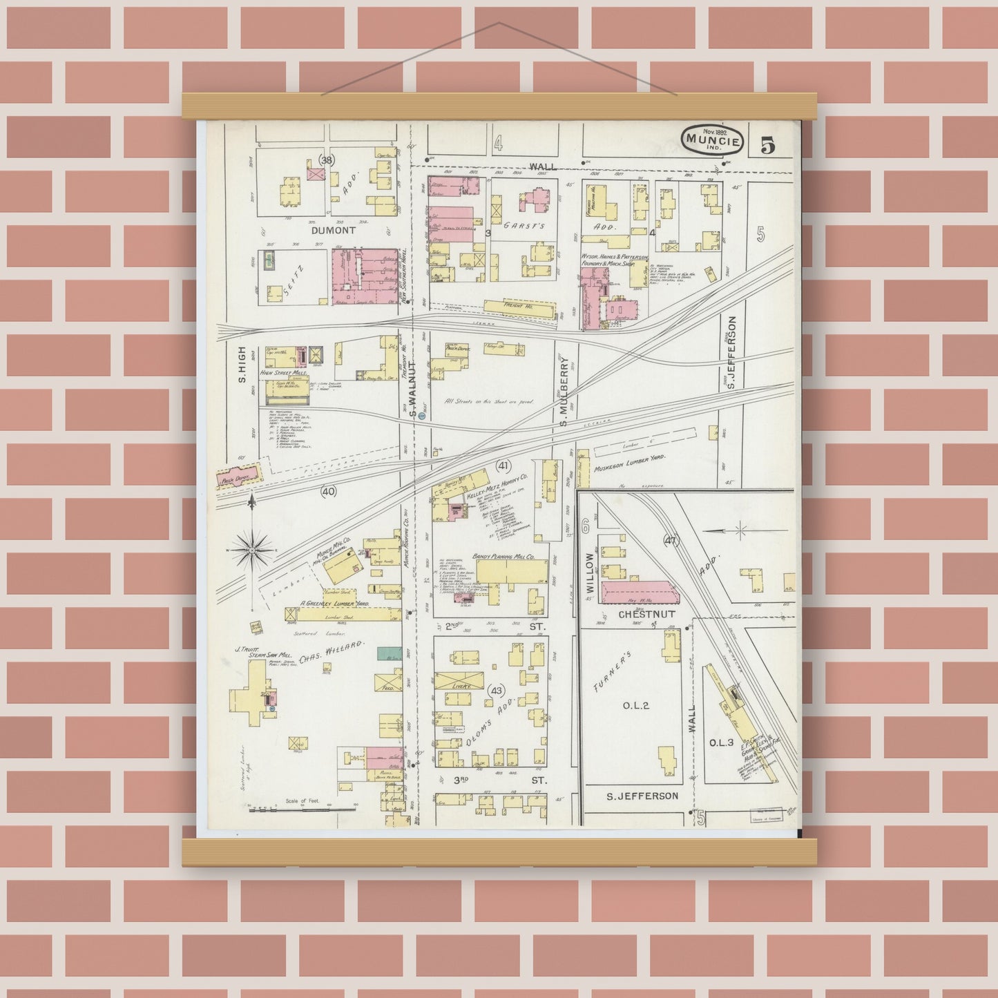 Old map wall art mockup — magnetic wood frame on brick wall — Sanborn Fire Insurance Map from Muncie, Delaware County, Indiana (1892), Sheet #0005