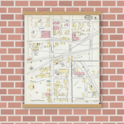 Old map wall art mockup — magnetic wood frame on brick wall — Sanborn Fire Insurance Map from Muncie, Delaware County, Indiana (1892), Sheet #0005