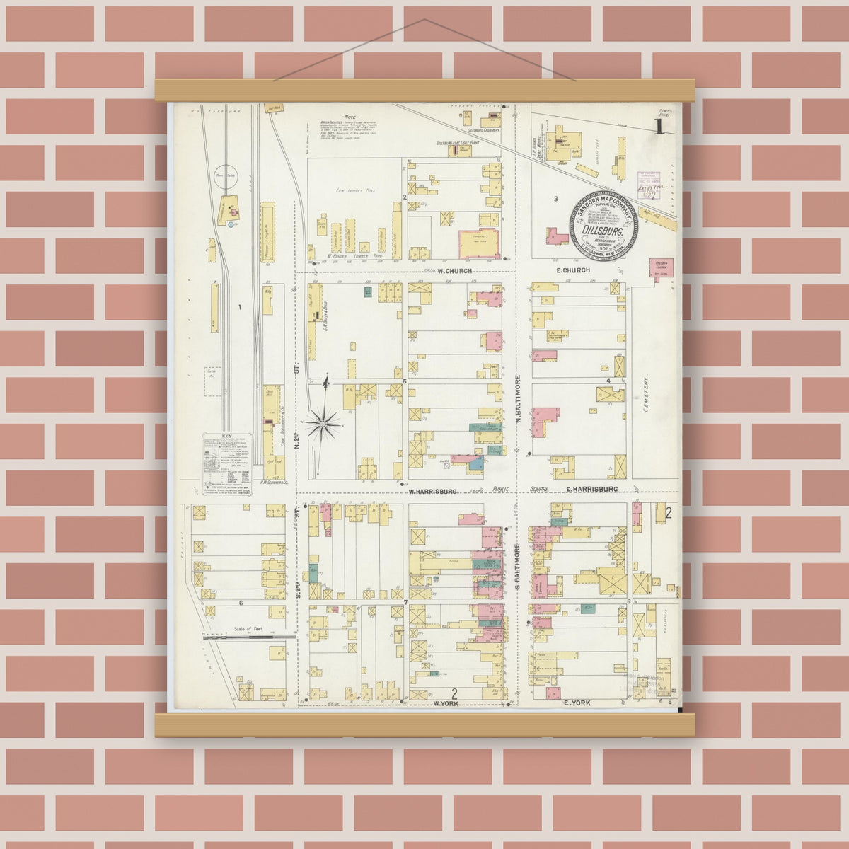 Old map wall art mockup — magnetic wood frame on brick wall — Sanborn Fire Insurance Map from Dillsburg, York County, Pennsylvania (1902) - Complete Map Set