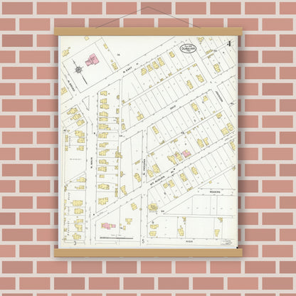 Old map wall art mockup — magnetic wood frame on brick wall — Sanborn Fire Insurance Map from Dunkirk, Jay And Blackford Counties, Indiana (1909), Sheet #0004