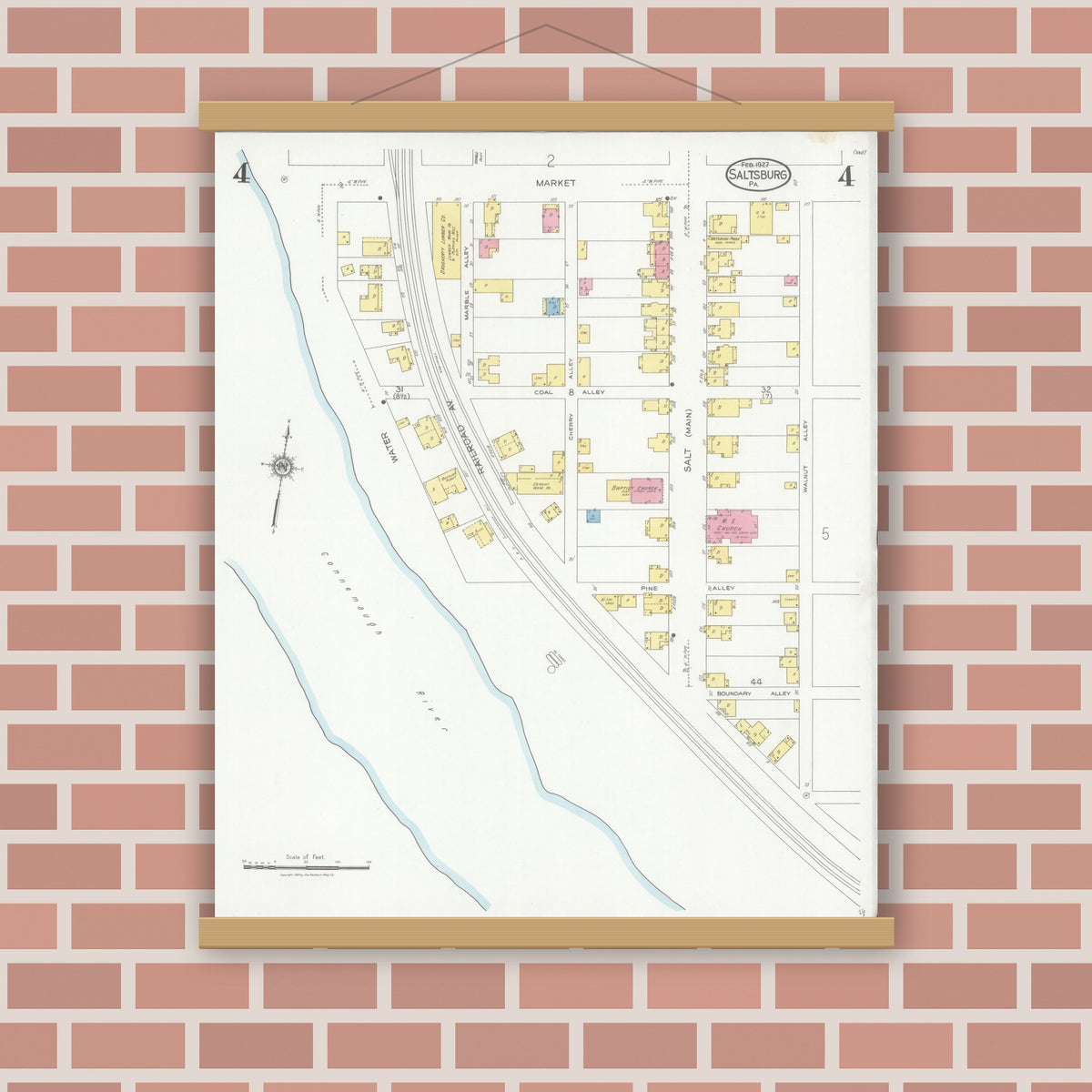 Old map wall art mockup — magnetic wood frame on brick wall — Sanborn Fire Insurance Map from Saltsburg, Indiana County, Pennsylvania (1927), Sheet #0004