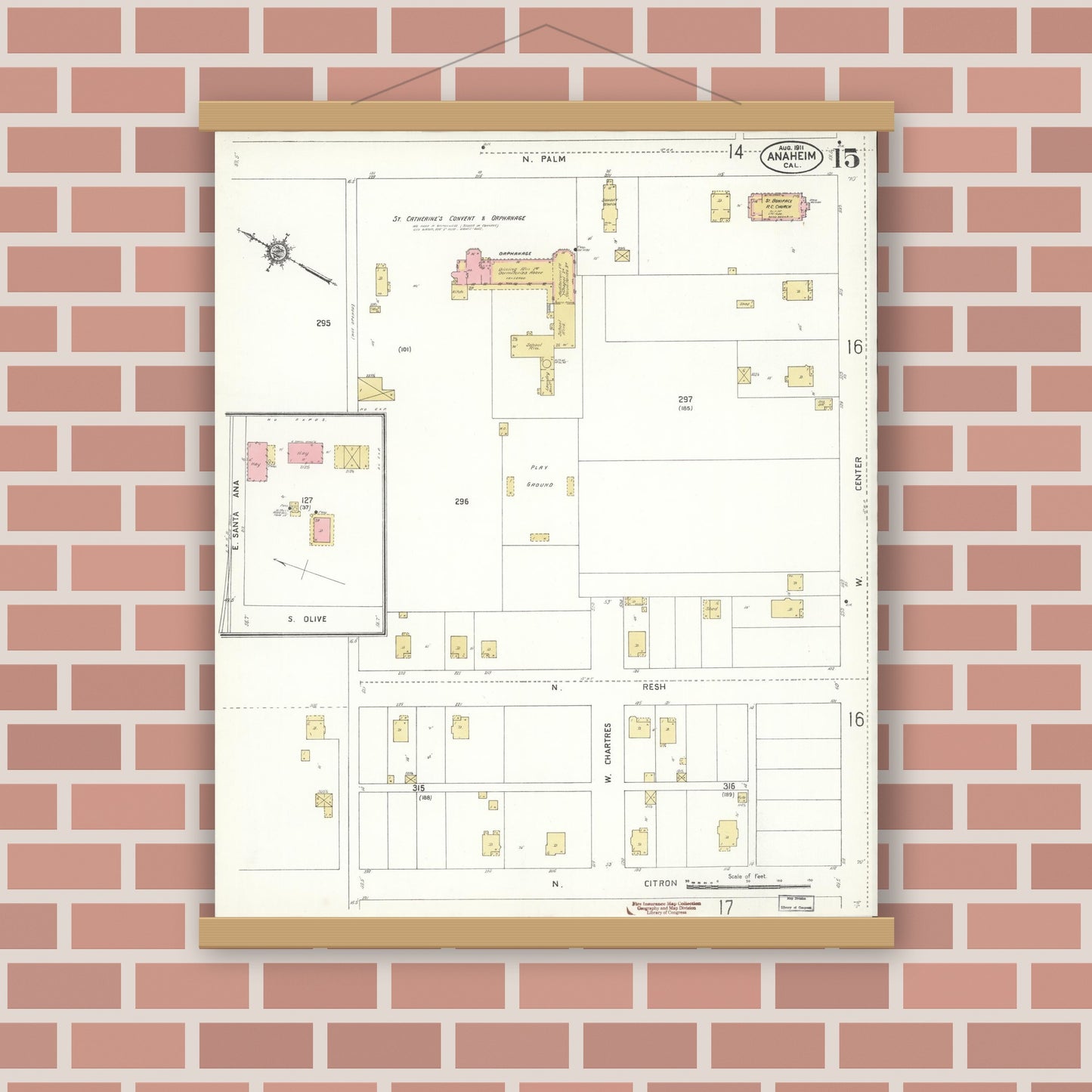 Old map wall art mockup — magnetic wood frame on brick wall — Sanborn Fire Insurance Map from Anaheim, Orange County, California (1911), Sheet #0015