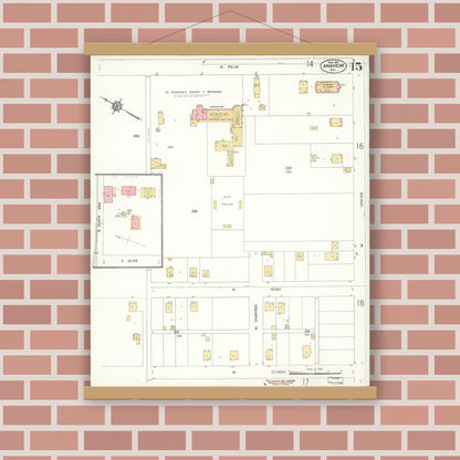 Old map wall art mockup — magnetic wood frame on brick wall — Sanborn Fire Insurance Map from Anaheim, Orange County, California (1911), Sheet #0015