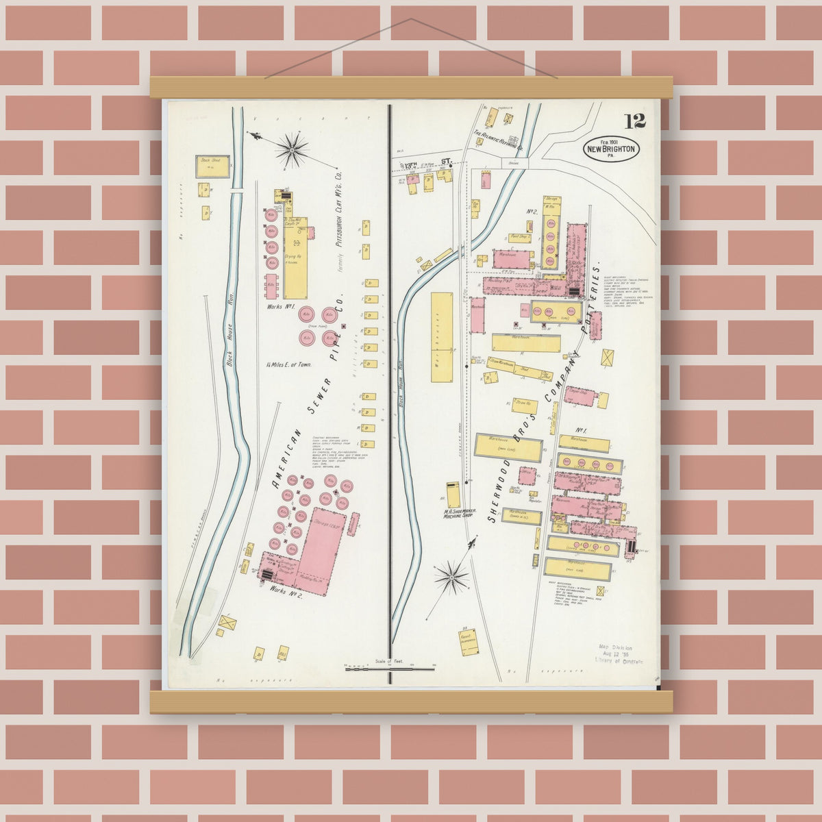 Old map wall art mockup — magnetic wood frame on brick wall — Sanborn Fire Insurance Map from New Brighton, Beaver County, Pennsylvania (1901), Sheet #0012