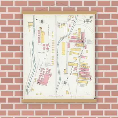 Old map wall art mockup — magnetic wood frame on brick wall — Sanborn Fire Insurance Map from New Brighton, Beaver County, Pennsylvania (1901), Sheet #0012