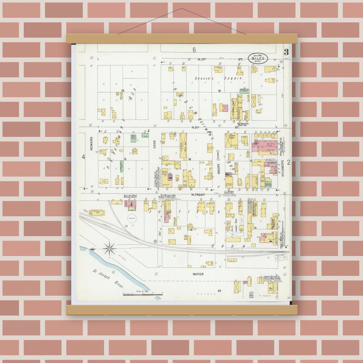 Old map wall art mockup — magnetic wood frame on brick wall — Sanborn Fire Insurance Map from Niles, Berrien County, Michigan (1900), Sheet #0003
