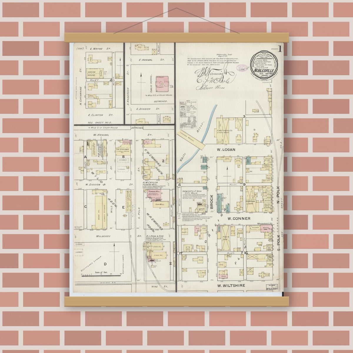 Old map wall art mockup — magnetic wood frame on brick wall — Sanborn Fire Insurance Map from Noblesville, Hamilton County, Indiana (1887) - Complete Map Set