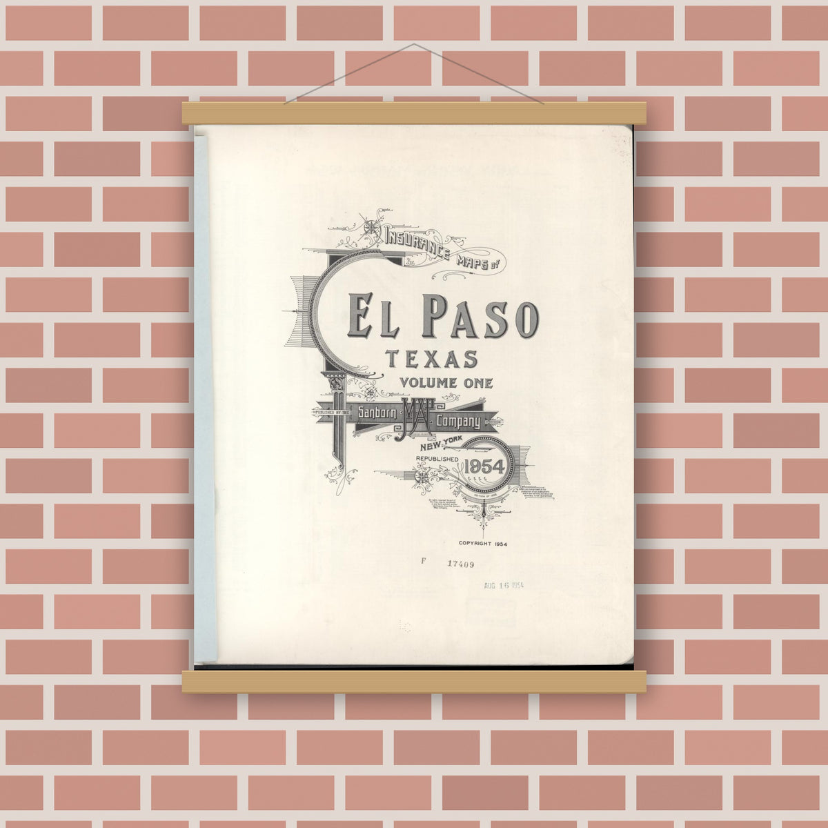 Old map wall art mockup — magnetic wood frame on brick wall — Sanborn Fire Insurance Map from El Paso, El Paso County, Texas (1954), Sheet #0001