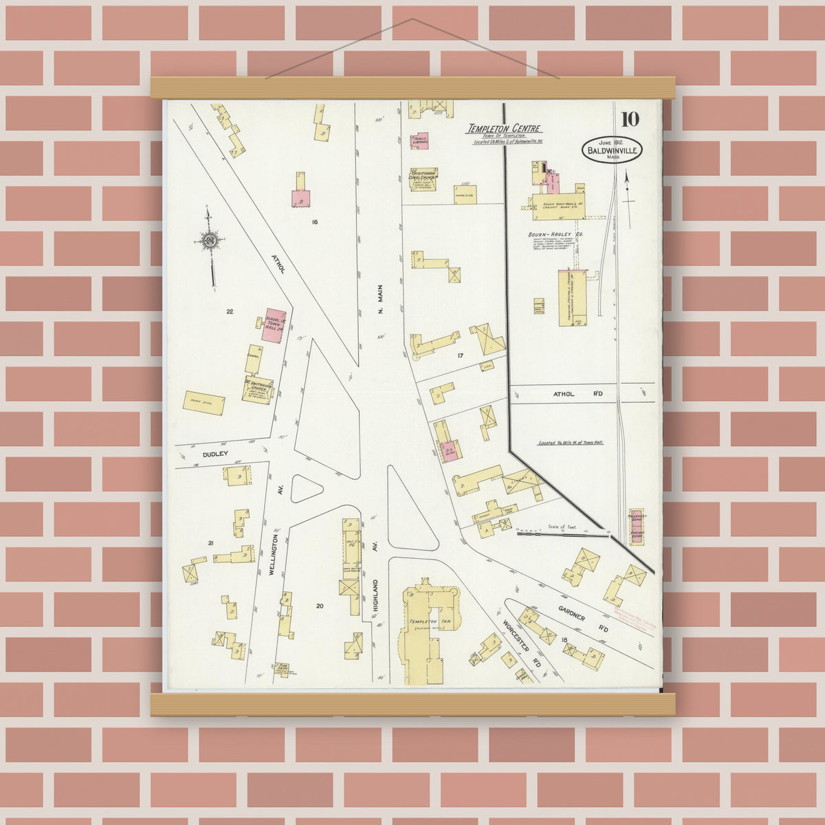 Old map wall art mockup — magnetic wood frame on brick wall — Sanborn Fire Insurance Map from Baldwinville, Worcester County, Massachusetts (1912), Sheet #0010
