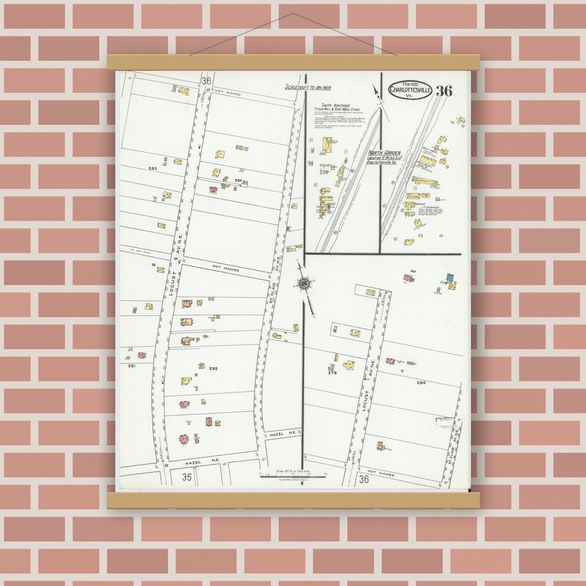 Old map wall art mockup — magnetic wood frame on brick wall — Sanborn Fire Insurance Map from Charlottesville, Independent Cities, Virginia (1920), Sheet #0036