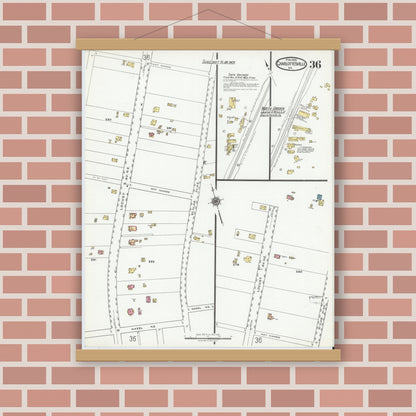 Old map wall art mockup — magnetic wood frame on brick wall — Sanborn Fire Insurance Map from Charlottesville, Independent Cities, Virginia (1920), Sheet #0036