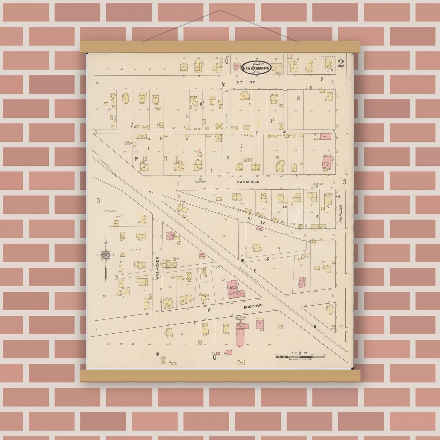 Old map wall art mockup — magnetic wood frame on brick wall — Sanborn Fire Insurance Map from New Washington, Crawford County, Ohio (1922), Sheet #0002