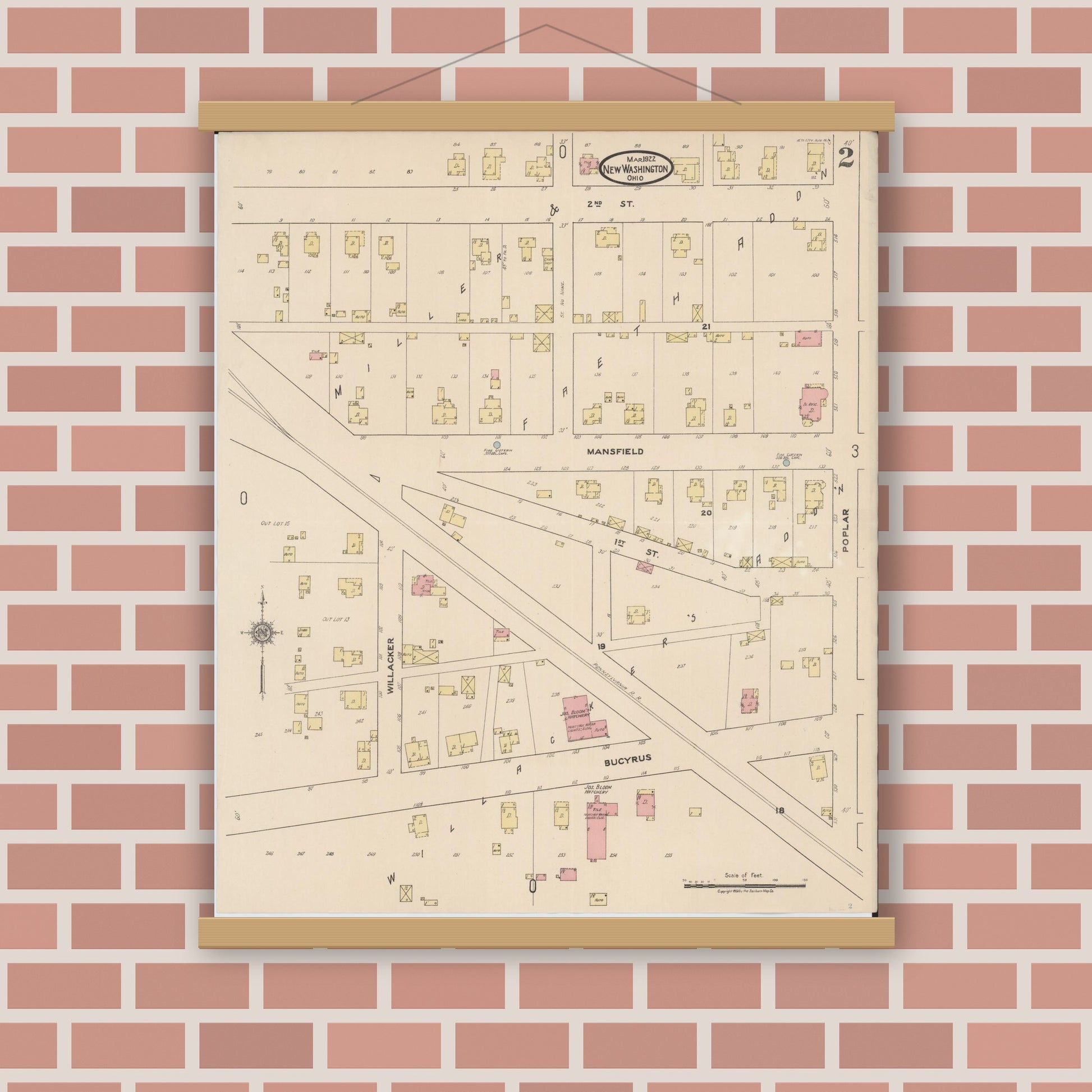 Old map wall art mockup — magnetic wood frame on brick wall — Sanborn Fire Insurance Map from New Washington, Crawford County, Ohio (1922), Sheet #0002