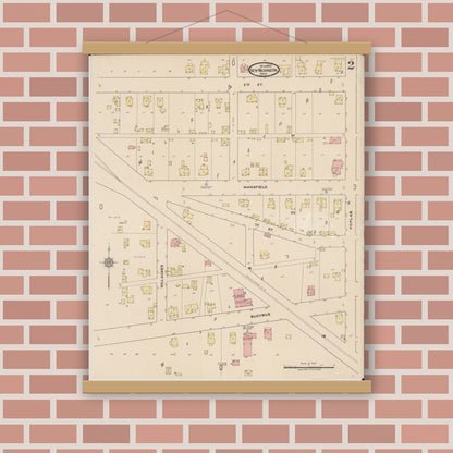 Old map wall art mockup — magnetic wood frame on brick wall — Sanborn Fire Insurance Map from New Washington, Crawford County, Ohio (1922), Sheet #0002