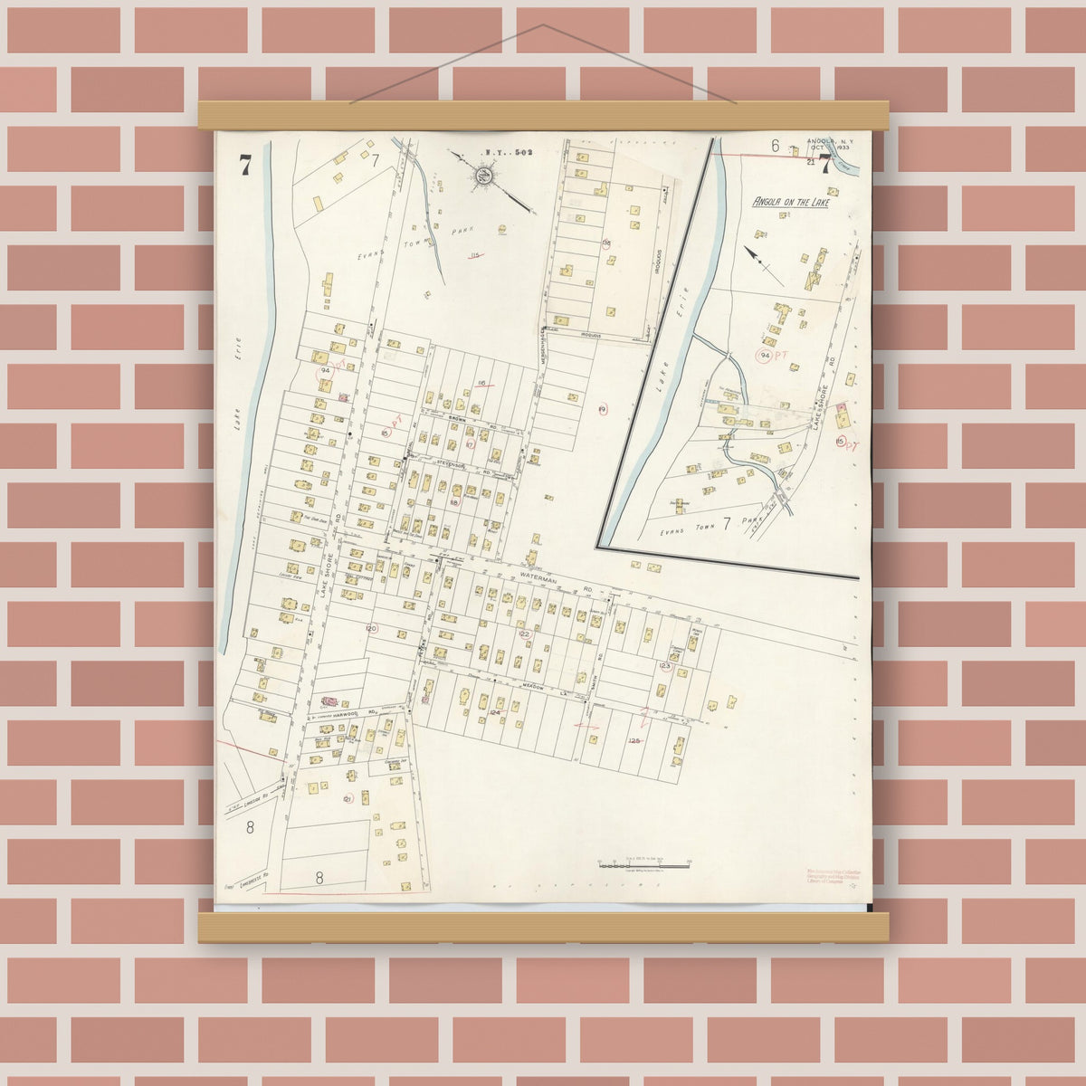 Old map wall art mockup — magnetic wood frame on brick wall — Sanborn Fire Insurance Map from Angola, Erie County, New York (1944), Sheet #0007