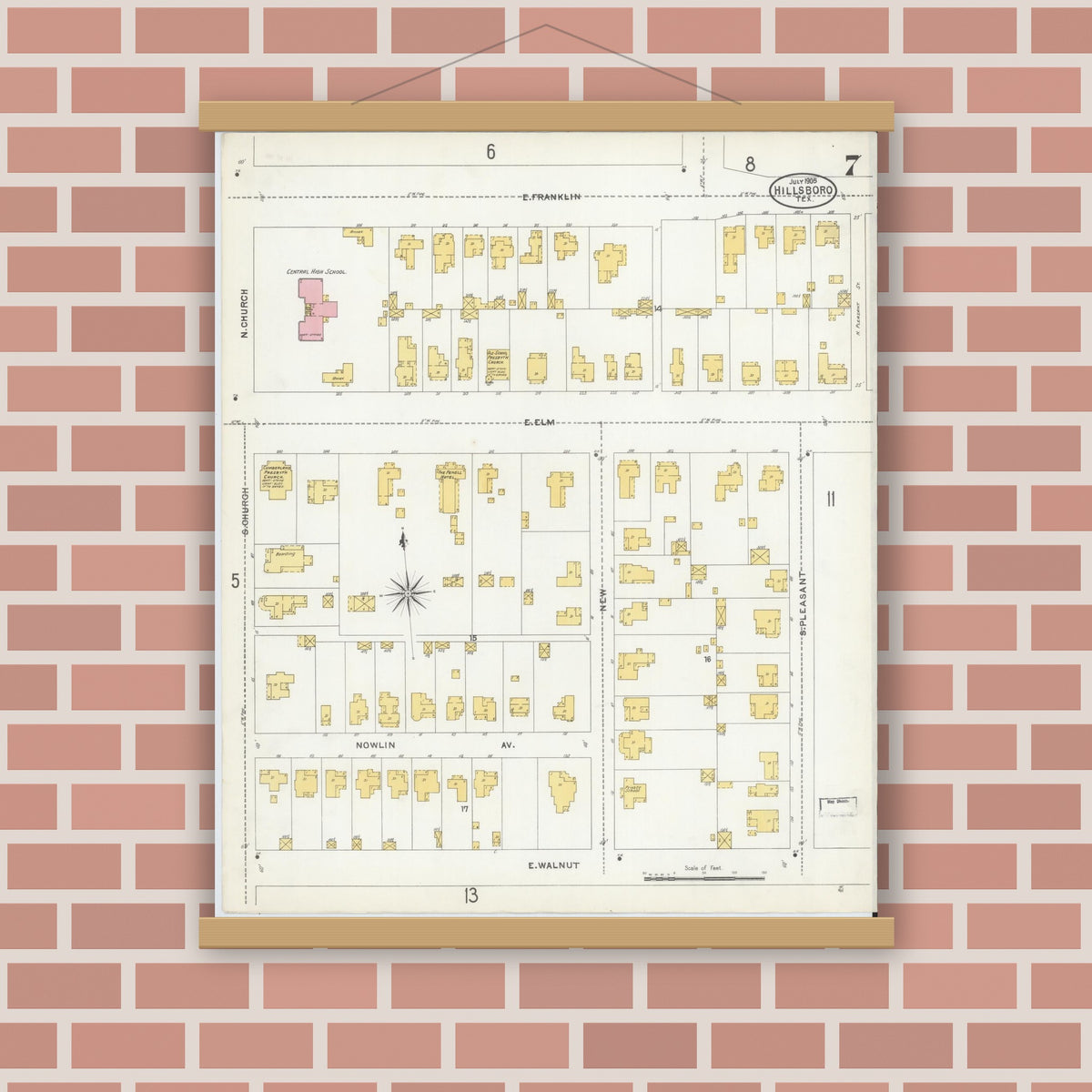 Old map wall art mockup — magnetic wood frame on brick wall — Sanborn Fire Insurance Map from Hillsboro, Hill County, Texas (1905), Sheet #0007