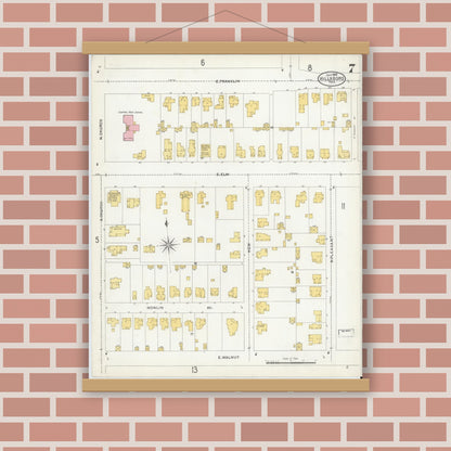 Old map wall art mockup — magnetic wood frame on brick wall — Sanborn Fire Insurance Map from Hillsboro, Hill County, Texas (1905), Sheet #0007